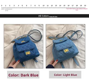 Close-up of quilted denim backpack showing dark and light blue fabrics with metal chain