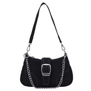 Black denim texture crossbody bag with silver chain and white stitching detail