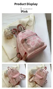 Dettaglio mini zaino jacquard rosa con motivo floreale e ciondolo a forma di fiore