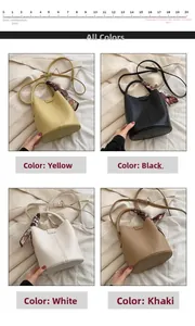 Detailed comparison of lychee leather bucket bags in yellow, black, white, and khaki colors