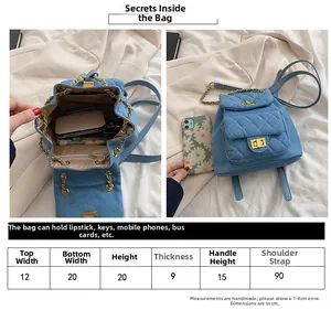 Detailed size guide for light blue quilted denim mini backpack with metal chain strap