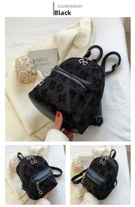Dettaglio del mini zaino jacquard nero con texture floreale e ciondolo a fiore