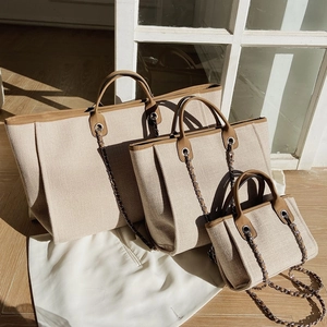 Women Large Capacity Canvas Tote Bag Chain Shoulder Strap Minimalist PU Trim Casual Daily Shopping Handbag Tote Bag