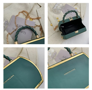 Detailed views of a dark green box bag with gold metal frame and spiral handle