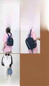 Detailed views of a blue denim backpack showing back, side and front wearing styles