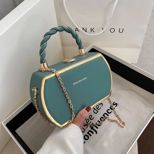 Women PU Leather Box Crossbody Bag Hexagon Shape Chain Shoulder Bag With Braided Handle Metal Frame Elegant Handbag