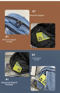 Detail view of denim backpack showing smooth metal zippers and interior storage pockets