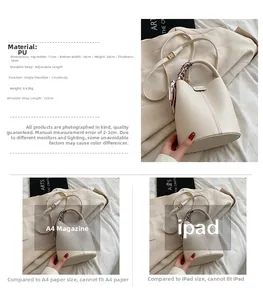 Detailed size chart showing cream PU bucket bag with A4 magazine and iPad dimensions