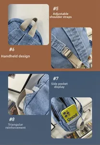 Detail view of denim backpack showing adjustable straps, side pocket and reinforced stitching