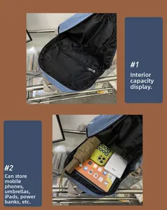 Internal view of denim backpack showing capacity for iPad, phone and accessories