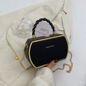 Elegant black leather box evening clutch with golden chain strap and woven handle bag