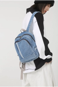Blue denim mini backpack detail showing adjustable grey straps and metal zipper closures