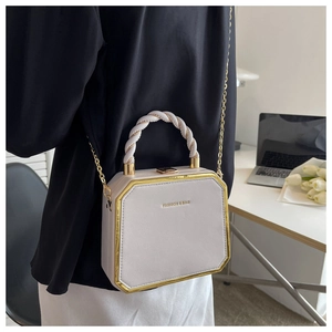 Detail of a beige box-shaped crossbody bag with gold frames and a braided handle
