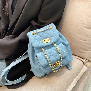 Women Fashion Denim Quilted Mini Backpack Casual Rhombic Pattern Bag With Gold Chain And Metal Turn Lock Closure