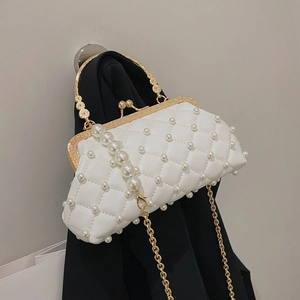 Sac à Main de Soirée Vintage Matelassé avec Künstliche Perles Femme Élégant Sac Pochette Avec Poignée en Métal Bandoulière Chaîne Or pour Mariage