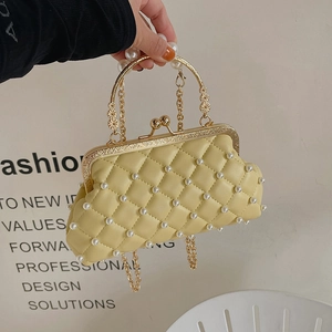 Sac à main matelassé jaune avec perles, poignée dorée et bandoulière pour soirée