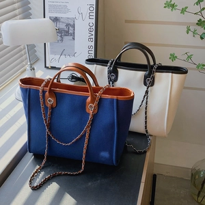 Women Large Capacity Canvas Tote Bag Western Fashion Contrast Color Handbag With Chain Shoulder Strap Casual Daily Shoulder Bag