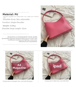 Detail view of pink PU leather tote bag capacity showing it fits A4 paper and iPad