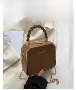 Close-up of khaki octagonal box bag with woven handle and gold chain strap detail