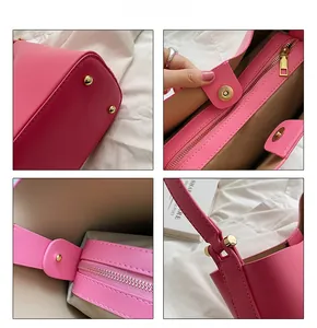 Detailed views of hot pink tote bag with gold hardware, magnetic clasp and anti-wear studs