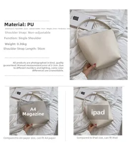 Detailed dimensions of beige PU bucket bag showing large capacity for A4 and iPad