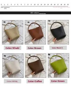 Litchi pattern leather bucket bag shown in six stylish colors like khaki and green