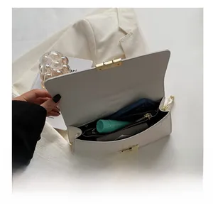 White crocodile pattern crossbody bag showing internal space for phone and makeup