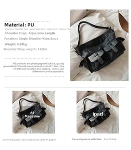 Detail view of large PU tote bag with size specs 39x27x13cm and two front magnetic pockets