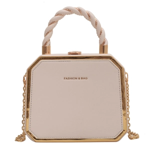 Octagonal cream white chain bag with gold metal trim and twisted rope handle for women