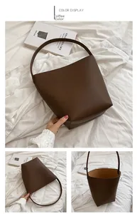 Detailed views of the coffee brown bucket bag showing the texture and interior design