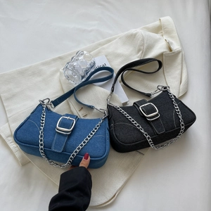 Borsa a Tracolla da Donna Vintage in Denim Sottoascella Moda Streetwear Catena in Denim Lavato Borsa a Spalla Con Cuciture a Contrasto