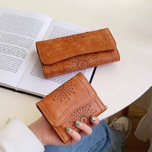 Vintage PU Leder Hohlraum Clutch Geldbörse Damen Lasergeschnitten Blumen Dreifach Gefaltet Portemonnaie Magnetverschluss Handtasche