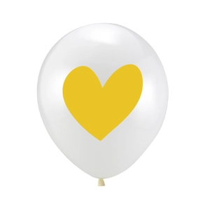 Détail d'un ballon en latex blanc avec imprimé cœur jaune pour décoration de baby shower