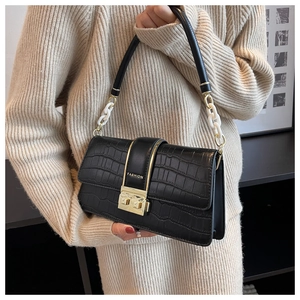 Detail of black crocodile texture bag with gold square buckle and chain handle