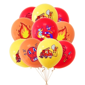 Fire truck theme birthday balloons set in red, orange, yellow with cartoon fireman prints