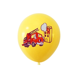 Yellow firefighter themed balloon with cartoon fire truck and ladder for kids party