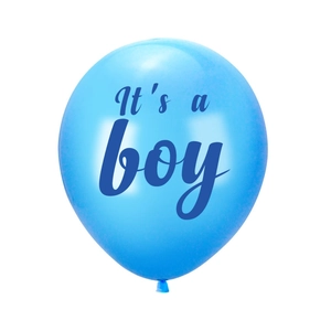 Détail d'un ballon en latex bleu clair de 12 pouces avec lettrage It's a Boy bleu foncé