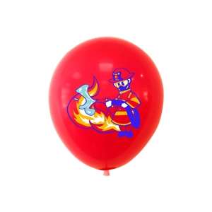 Red latex balloon featuring a cartoon firefighter and water hose for birthday party decor