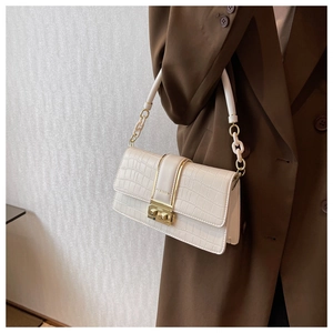 Close-up of cream crocodile pattern shoulder bag featuring a gold metal buckle and chain handle