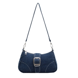 Borsa a tracolla in denim blu scuro con fibbia argentata e cuciture a contrasto