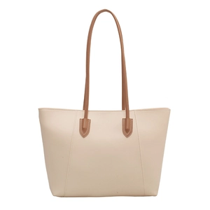 Minimalist beige and brown faux leather tote bag with large capacity and shoulder straps