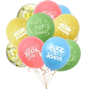 Colorful Back to School latex balloons with Welcome Back print and golden sequins