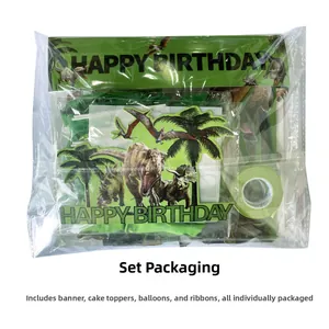 Dinosaur party set detail showing packed banners, cake toppers and green balloons