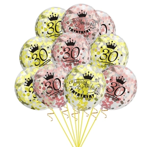 Ballons couronne 30e anniversaire avec confettis or rose et texte Happy Birthday