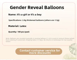Detailed specifications card for 2.8g latex gender reveal party balloons 100 pack