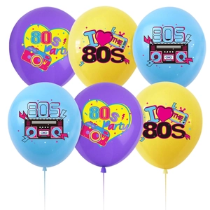 Colorful back to the 80s party balloons with retro radio and camera prints in a set