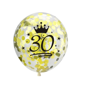 Détail d'un ballon transparent de 12 pouces avec confettis dorés et motif couronne 30