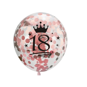 Détail d'un ballon transparent 18 ans avec paillettes or rose et imprimé couronne