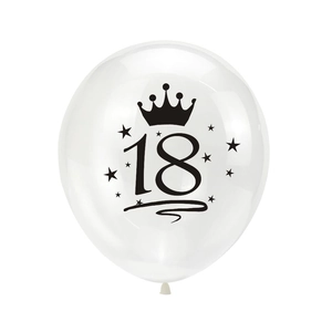 Détail d'un ballon en latex de 12 pouces avec couronne noire et chiffre 18 décoratif
