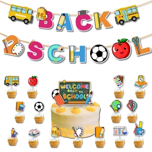 Kit déco rentrée scolaire 2025 avec banderoles, cake toppers bus scolaire et ballons